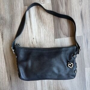 Vintage Brighton Mini Black Pebbled Leather Shoulder Bag Silver Heart Charm